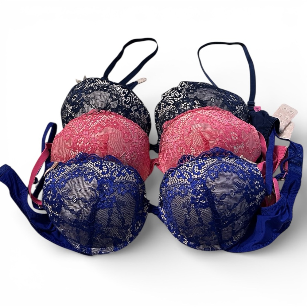 Lot Of 3 Betsey Johnson Padded Lace Bras 34B Navy Pink Purple Adjustable Strap